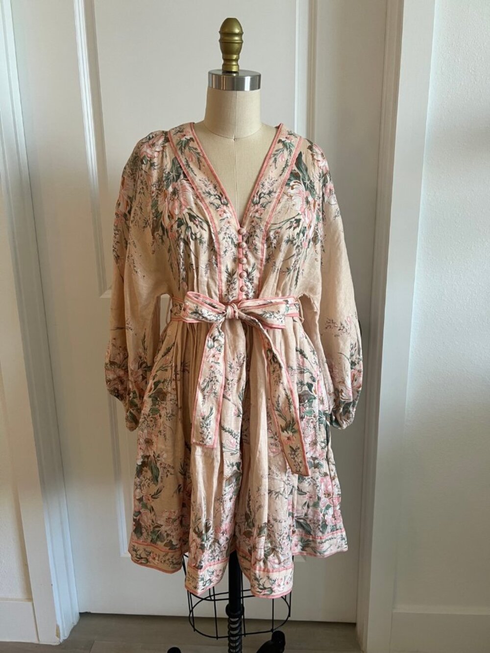 Zimmermann Moonshine Plunge Mini Dress Cream Watercolor Floral Linen 2 M